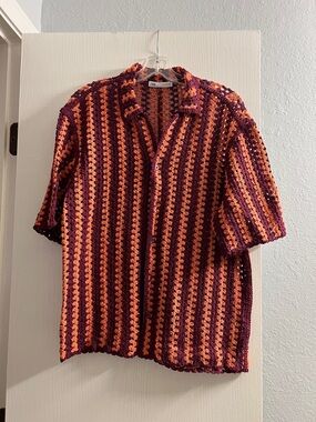 Zara Maroon & Orange Crochet Button-Down Shirt